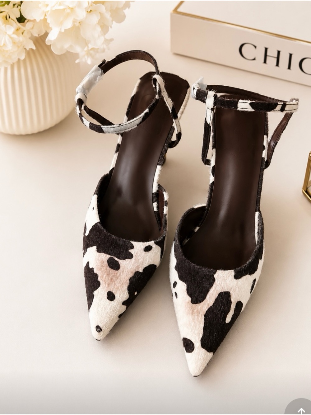 Pointed Cow-Print Ankle-Strap Pumps in Black & White